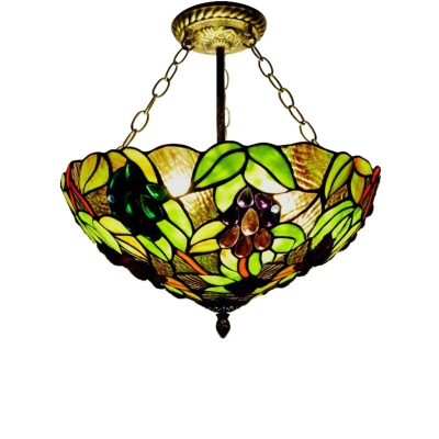 16-Inch Wide Tiffany 3-Light Semi-Flush Ceiling Light Fruit Theme Grape Pattern Glass Lampshade