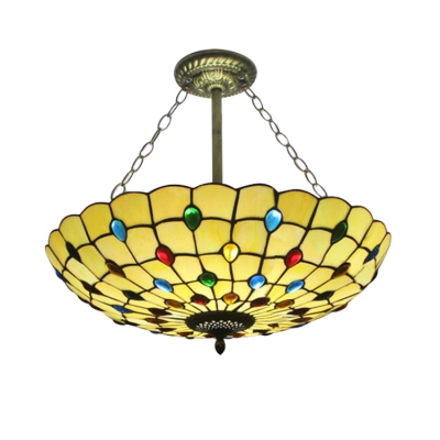 Tiffany Inverted Pendant Light Fixture with Colorful Jewels Decorations, 15.75