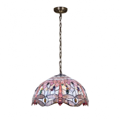 12/16-Inch Wide Three Light Hanging Lamp with Dragonfly Pattern Dome Shaped Glass Shade, Multi-Colored