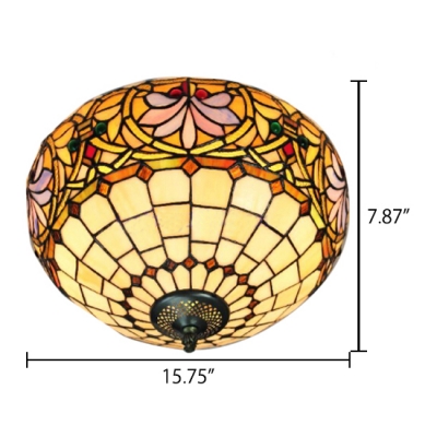 Two Light Tiffany-Style Flush Mount Lamp with 16-Inch Wide Bowl Shaped Shade, Stained Glass