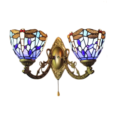 2 Light Double Wall Sconce with Tiffany Style Dragonfly Pattern Glass Shade in Colorful, 16-Inch Wide