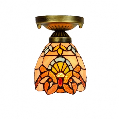 Vintage Classic Art Tiffany Flush Mount Ceiling Light in Baroque Style with 6" Wide Warm Color Glass Shade