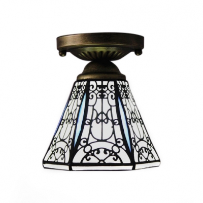 Geometric Tiffany Art Glass Shade Flush Mount Ceiling Light in Vintage Style 2 Designs for Option
