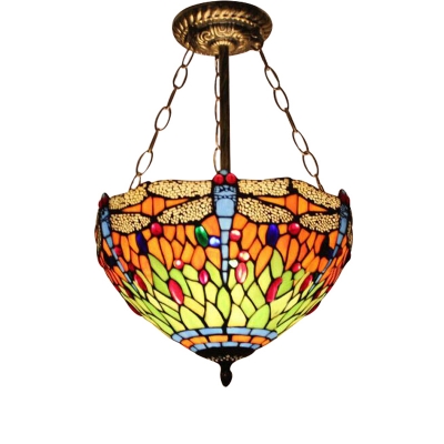12-Inch Wide Tiffany Style Multi-Colored Dragonfly Semi-Flush Mount Lamp, 2 Light, Burnished Brass