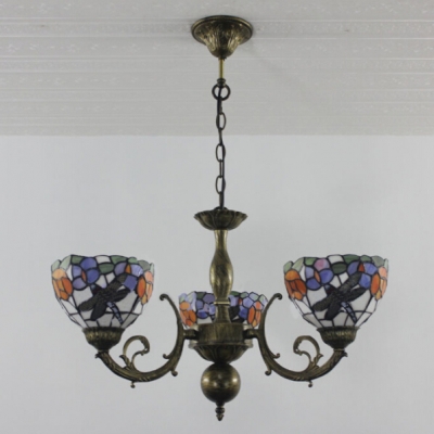 3-Light Dragonfly and Colorful Flower Pattern Chandelier with Yellow Glass Shade in Stained Glass 