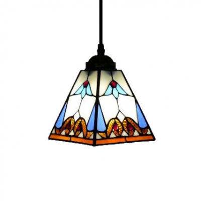 Pyramid Shaped Shade Hanging  Pendant with Tiffany-Style Stained Glass Shade in Multicolored 