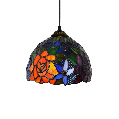 Colorful Dome Glass Shade Pendant Light with Floral Theme, 8
