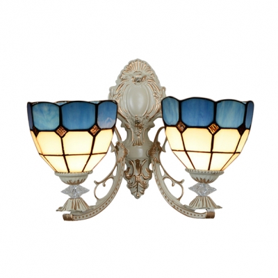 Tiffany Wall Sconce Mediterranean Style with 14" Wide Blue and White Glass Shade, Up Lighting