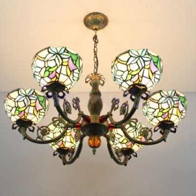 Vintage Floral Tiffany Inverted Stained Glass Shade, 6 Light