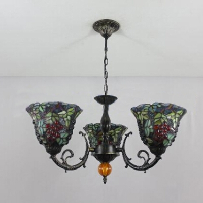Fruitage And Leaves Tiffany-Style Three Light Multicolor Stained Glass Lampshade Chandelier