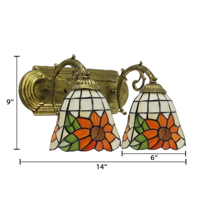 Floral Theme and Bell Shaped Tiffany 2-Light Wall Sconce with 16-Inch Wide Glass Shade, Colorful