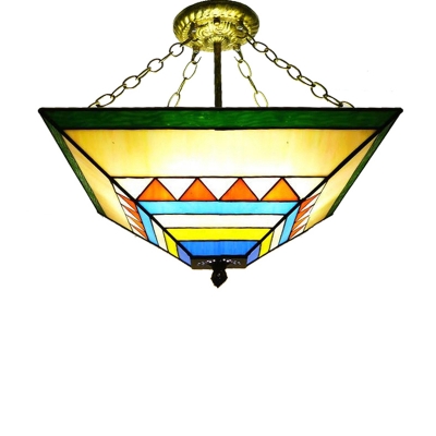 Tiffany-Style 18" Wide Inverted Pendant, 3 Light Semi Flush Mount with Pyramid Shaped Glass Shade, Antique Brass