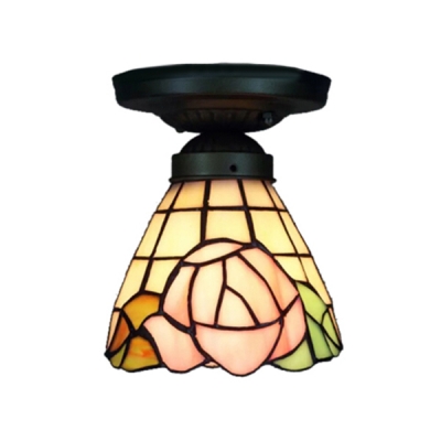5" Wide Floral Theme Tiffany Style Downward Flush Mount Ceiling Light, Art Glass Shade