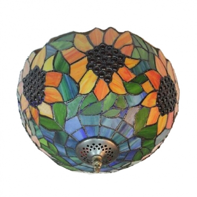 Sunflower Bowl Shaped Tiffany Style Flush Mount Ceiling Fixture, Two Light 12-Inch Wide Shade