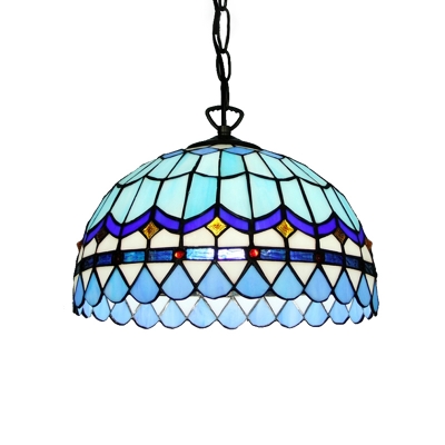 Dome Shaped Ceiling Light with Blue Glass Shade in Tiffany Nautical Style, 1-Light 16