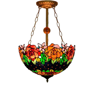 Various Flower Tiffany Inverted Hanging Light Fixture in Rural Style, 3 Light with 16