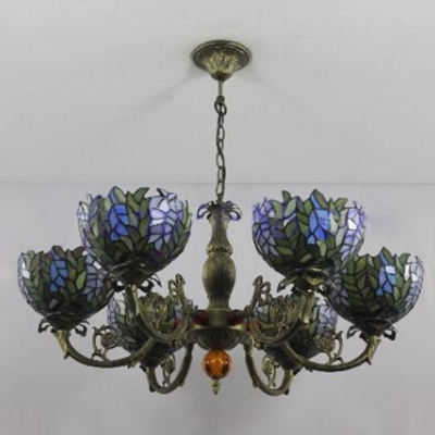 6 Light Leaves Tiffany Style Handmade Glass Shade Chandelier in Bronze