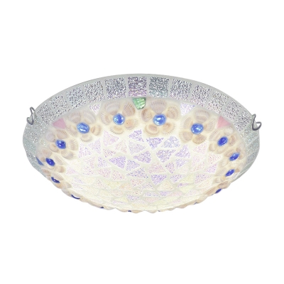 Brightly Hued Mosaic Shade Tiffany Style Single Light Flush Mount Ceiling Fixture with Shell Decor