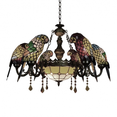 Parrot Tiffany Chandeliers 6 Heads Stained Glass LED Ceiling Fixtures Pendant Lamp