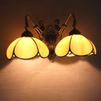 2-Light Tiffany-Style Lotus Shaped Wall Sconce in Orange Stained Glass Lampshade, 15" Wide