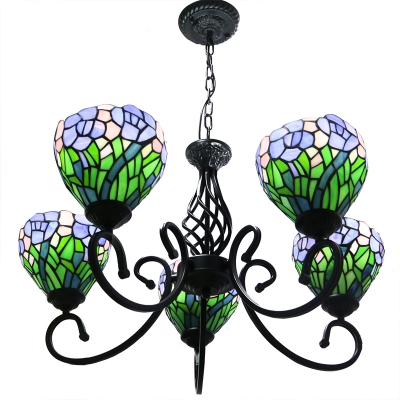 Tiffany Matt Black Finish Multi-colors Floral Stained Glass Shade Ceiling Chandelier
