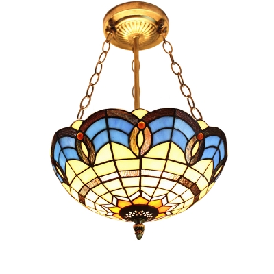 Mediterranean Style Stained Glass Bowl Shade Pendant Light, Up Lighting, 3 Sizes Available