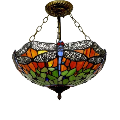 Classic Art Tiffany-Style Semi Flush Mount with Colorful Dragonfly Pattern, 16