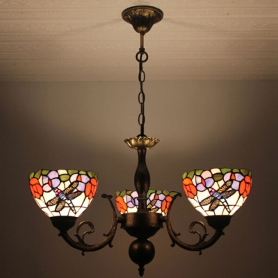 3-Light Dragonfly and Colorful Flower Pattern Chandelier with Yellow Glass Shade in Stained Glass 