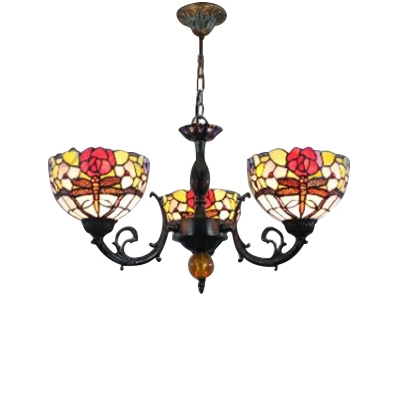 Three Light Dragonfly Mix Flowers Chandelier with Multicolored Glass Shade