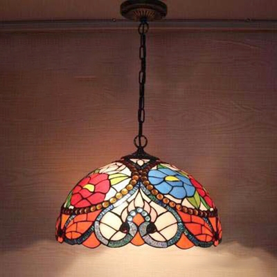2 Light 16-Inch Wide Pendant Light with Dome Pattern Glass Shade in Multicolored, Tiffany Style