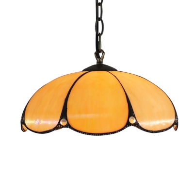Simple Lotus Shaped Pendant Light with 12"W Yellow Glass Shade in Tiffany Vintage Style