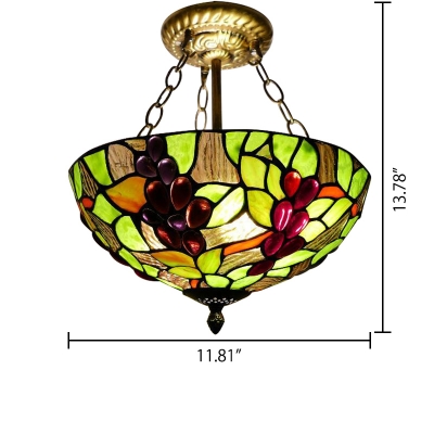 Vintage Style Tiffany Double/Triple Light Semi-Flush Ceiling Fixture with Grape Pattern Stained Glass Shade