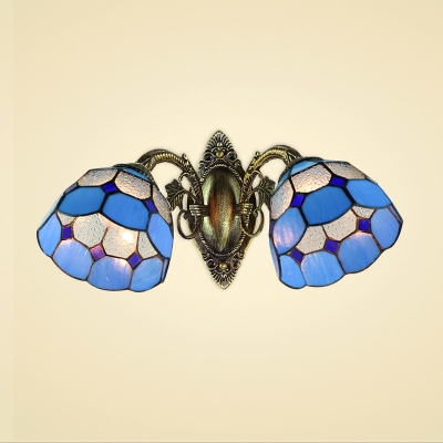 Tiffany Double Light Wall Sconce in Mediterranean Style Mermaid with White and Blue Color Glass Shade