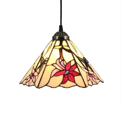 Floral Pendant Light with 8" W Cone Shaped Glass Shade in Multicolor Finish, Tiffany Style