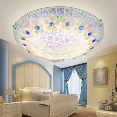 Brightly Hued Mosaic Shade Tiffany Style Single Light Flush Mount Ceiling Fixture with Shell Decor