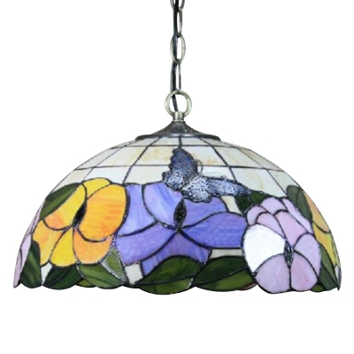 Butterfly and Floral Hanging Lamp with Tiffany-Style Multicolored Dome Glass Shade, 16