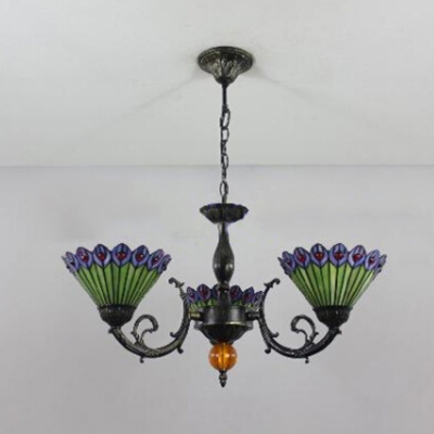 Peacock Feathers Pattern Chandelier with Three Light in Colorful Glass Shade
