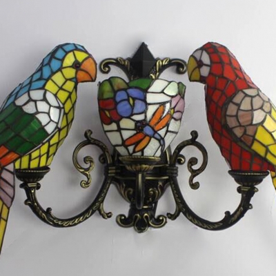 Three Light Wall Sconce with Tiffany Colorful Parrot Shaped Shade, 27