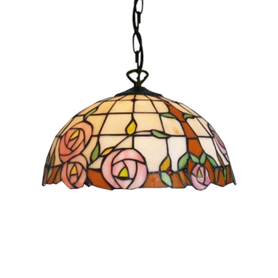12" W Floral Ceiling Fixture with Dome Glass Shade in Tiffany Style, Multicolored