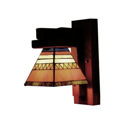 Wood Base trapezoid Glass Shade Wall Sconce in Mediterranean Style