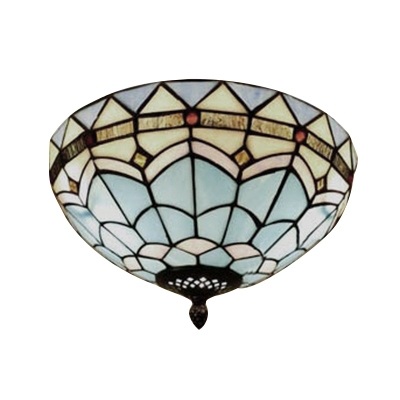 Baroque Design Flush Mount Ceiling Fixture with Tiffany-Style Blue Stained Glass, 12