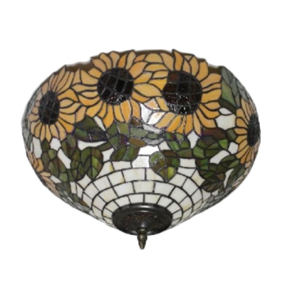 Yellow Sunflower Pattern Tiffany 2 Light Flush Mount Ceiling Light with Stained Glass Shade, 16-Inch Wide