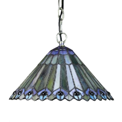 Conical Shade Hanging Lamp with Tiffany Peacock Tail Glass Shade in Vintage Style, 12