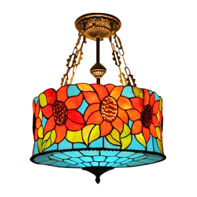 5-Light Semi-Flush Ceiling Light Drum Design Sunflower Pattern Tiffany Stained Glass Shade in Multicolored, 18-Inch Wide
