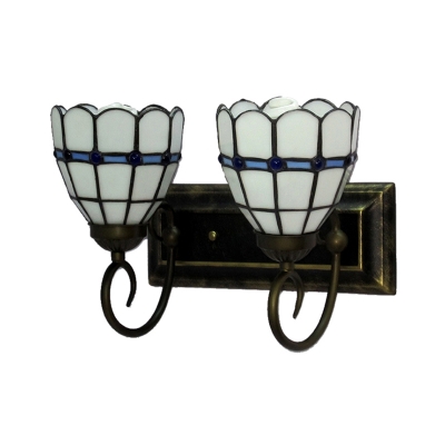 White Lily Floral Stained Glass Shade 2-Light Inverted Sconce in Tiffany Style