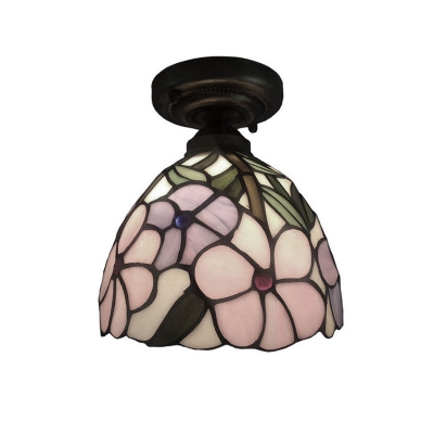 Floral Dome Shaped Tiffany-Style Semi Flush Ceiling Light with Art Glass Shade, 8