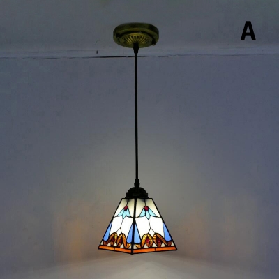 Pyramid Shaped Shade Hanging  Pendant with Tiffany-Style Stained Glass Shade in Multicolored 