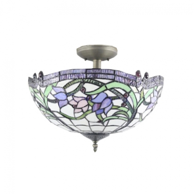 2-Light Inverted Semi-Flush Mount Ceiling Fixture with Vivid Pattern Glass Shade, Burnished Brass