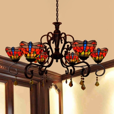 Tiffany 6-Light Chandelier with Dragonfly Pattern Glass Shade