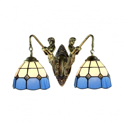 Double Light Wall Sconce in Mediterranean Style Mermaid with Tiffany White & Blue Stained Glass Shade in 14